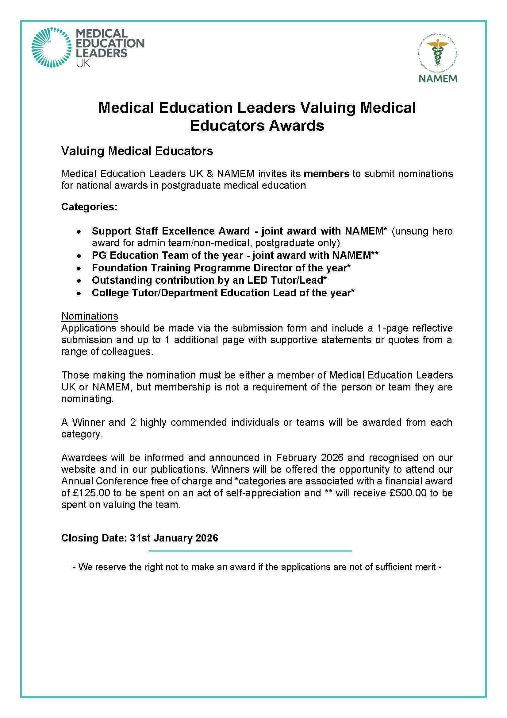 Medical Education Leaders Uk Valuing Medical Educators Awards Call 2026 Page 1